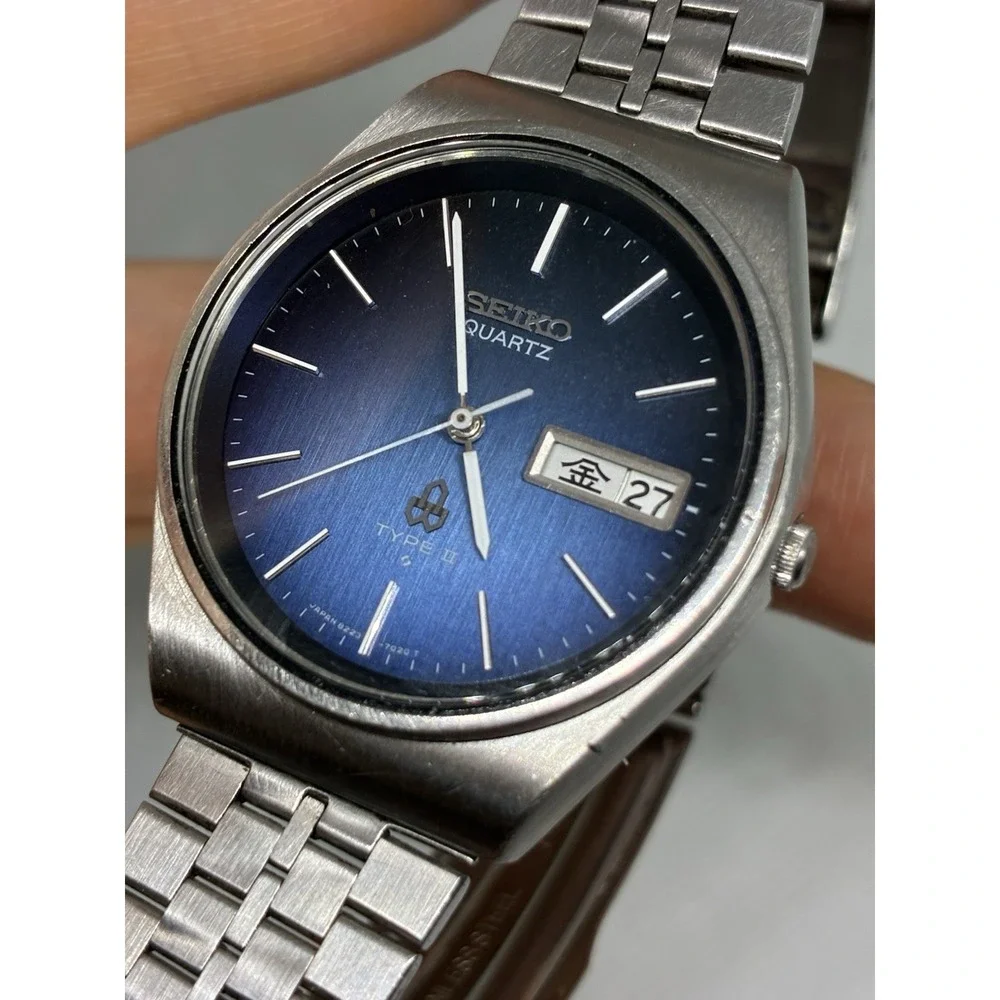 Vintage Seiko Type II 8223-701D Blue Dial Quartz Men's Watch 35mm - NEW CRYSTAL!